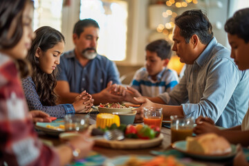 Fototapeta premium Hispanic family at the dining table saying grace