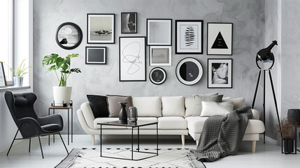 Modern living room showcasing a stylish gallery wall, sleek furniture, and decorative accents in a monochromatic theme.