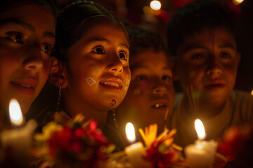 family participating in a traditional Mexican Posada celebration, with candles and singing