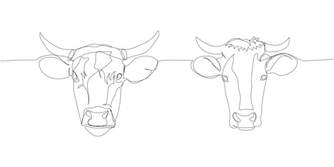cow head set, bull, livestock, cattle, calf one line art. Continuous line drawing of farm, nature, agriculture, farm animals, rural life, ranch.