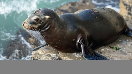Fototapeta premium A sea lion basking in the sun on a rocky platform on a coastal cliff, with the ocean waves crashing below.