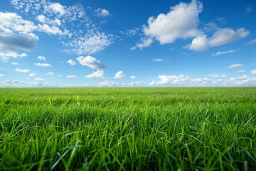Obraz premium Green Grass Field with Blue Sky and White Clouds