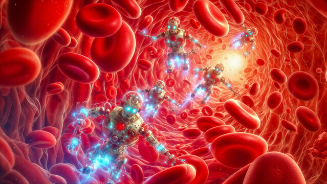 Futuristic scene of nanobots / nanites operating within bloodstream, surrounded by vibrant red blood cells, showcasing advanced medical technology.