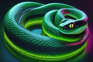 Fototapeta premium Green snake Christmas neon light for the design of cards and invitations for the Christmas holidays.
