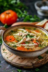 Comforting Bowl of Chicken Soup, Nourishing, Warm, Homestyle, Comfort Food, Cozy Kitchen background 