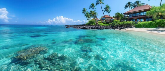 Fototapeta premium Beautiful Hawaiian beach view, clear blue waters, white sandy shore, palm trees, beachfront houses, Generative AI, vibrant and peaceful, tropical landscape, sunny day