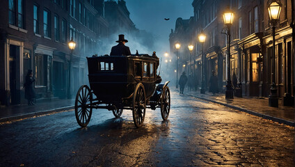  A Victorian-era street scene with horse-drawn carriages and a nostalgic Halloween atmosphere.