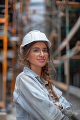 Obraz premium Construction site manager, A confident woman overseeing a construction project, Urban construction site background, woman,