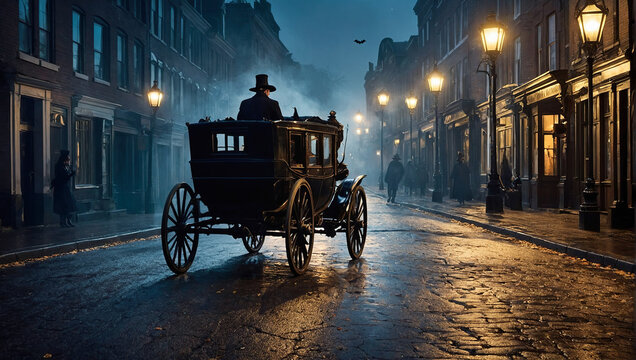  A Victorian-era street scene with horse-drawn carriages and a nostalgic Halloween atmosphere.