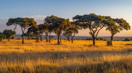 Naklejka premium Golden sunrise over a vast savanna, acacia trees casting long shadows across the golden grasslands.