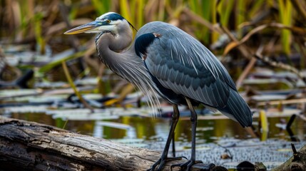 Great blue heron perched on a log in a marsh, waiting patiently for prey.