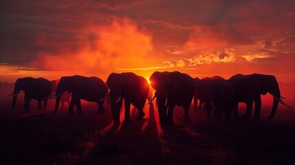 Fototapeta premium Herd of elephants silhouetted against a fiery sunrise, tusks gleaming in the morning light.
