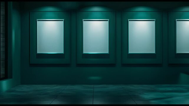 A room with four white framed pictures on the wall. The room is dark and the pictures are all the same size