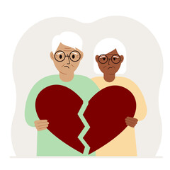 A sad man and woman are holding pieces of a broken red heart in their hands. Vector flat illustration of a broken heart.