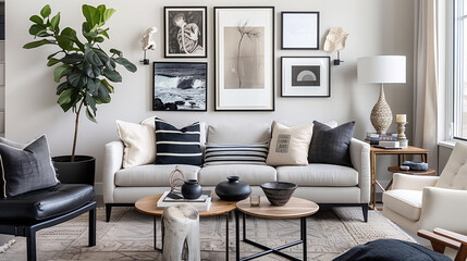 Modern living room showcasing a stylish gallery wall, sleek furniture, and decorative accents in a monochromatic theme.