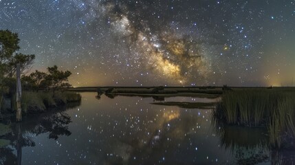 Night sky reflected in the still water of a marsh, with the Milky Way galaxy clearly visible.