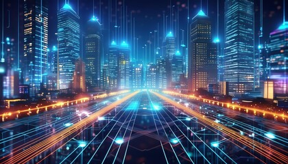 Neon Futuristic Cityscape with Advanced Tech and Cyberpunk Skyscrapers