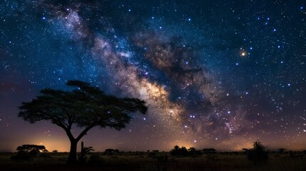 Fototapeta premium Starry night sky above the savanna, Milky Way galaxy clearly visible due to minimal light pollution.