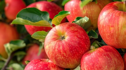 Fresh Ripe Red Apples on Tree Branch with Green Leaves in Orchard Close-Up