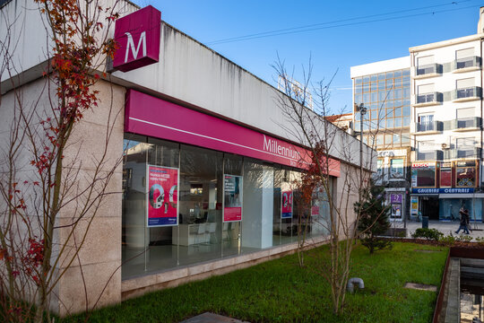 Vila Nova de Famalicao, Portugal - December 23, 2023: Millennium Bcp aka Banco Comercial Portugues bank agency in the Fudacao Cupertino de Miranda building. Private bank and one of largest in Portugal