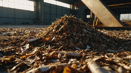 Close-up of biodegradable waste at a biomass facility, focusing on eco-friendly practices in converting waste to energy,.