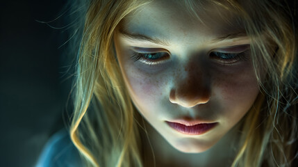 Young girl with blonde hair and freckles, looking down pensively, highlighted by soft, focused lighting against a dark background