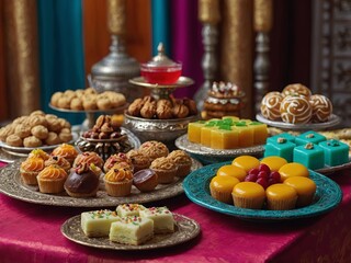 A colorful array of traditional sweets and desserts displayed on a festive table for Eid ul Adha celebrations.