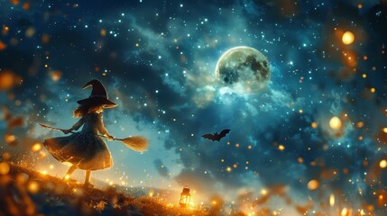 Beautiful Witch wearing a witch's hat and Black cat,witch's broom,lantern in dark night,spooky vibe decorations in Halloween day,Happy Halloween party banner for October.