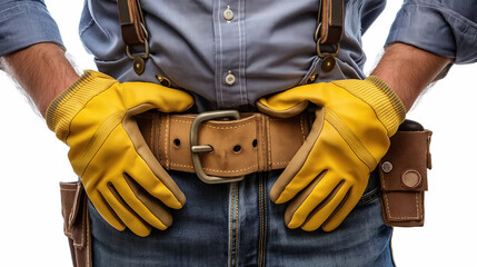 Construction worker with yellow gloves and a tool belt, ready for work, emphasizing preparedness and professionalism.