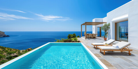 Fototapeta premium Looking out to the Caribbean from a beautiful poolside villa