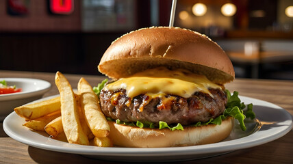 A beef burger with melted cheese and fresh vegetables served in a soft bun with crispy fries on a ceramic plate in a fast food restaurant.