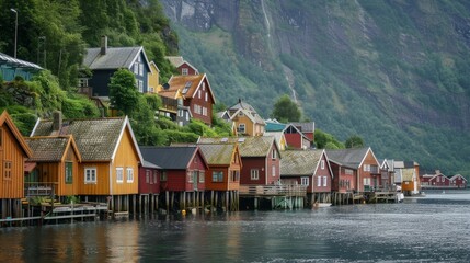 Fototapeta premium Traditional wooden fishing village nestled at the head of a fjord, colorful houses lining the waterfront.