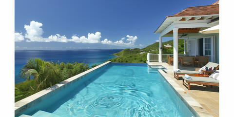 Fototapeta premium Looking out to the Caribbean from a beautiful pool side villa