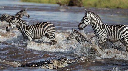 Zebra herd crossing a crocodile-infested river, creating a tense atmosphere.