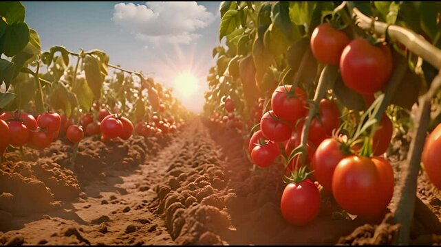 Close-up of a ripe fresh tomatoes in a farm, showing ripe vegetables during harvest, for advertising promotion.