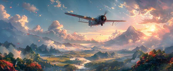 Fototapeta premium biplane soaring over a picturesque mountain village, surrounded by lush green fields and dramatic peaks. The scene captures the tranquility and adventure of early aviation against a stunning natural