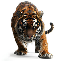 Fototapeta premium A tiger walking gracefully on a white background.