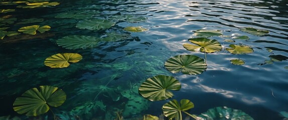 Behold the tranquil beauty of a top view of water surface with tropical leaf shadow in this captivating image.