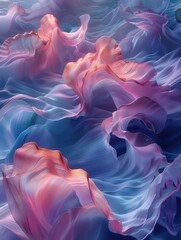 Naklejka premium Swirling pastel-hued abstract shapes with fluid, fabric-like textures in shades of pink, purple, and blue, creating a dreamlike, ethereal atmosphere.