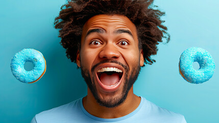 Excited young man shouting with blue donuts, joyful expression, blue background