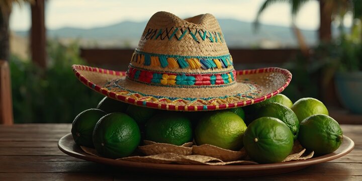 Sombrero for Cinco de Mayo is placed on a table next to a bowl of limes.