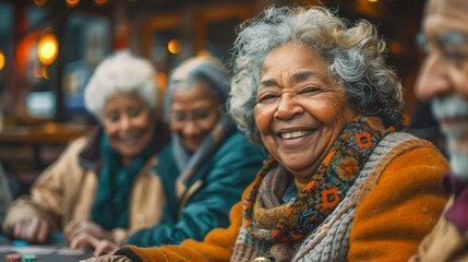 Fototapeta premium group of senior citizens playing cards in a community center, laughing and reminiscing