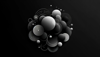 Abstract black background 12 for design and presentations with black and white circles and spheres with solid fill and hatching