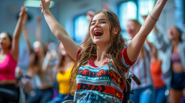 a woman in a wheelchair participating in a dance fitness class, moving with energy and enthusiasm - Powered by Adobe