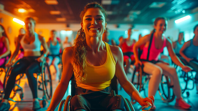 a woman in a wheelchair participating in a dance fitness class, moving with energy and enthusiasm - Powered by Adobe