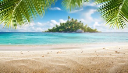 Obraz premium A sandy tropical beach with an island in the background, under a blue sky with scattered clouds.