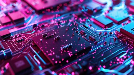 Obraz premium Circuit Board with Glowing Pink and Blue Lights