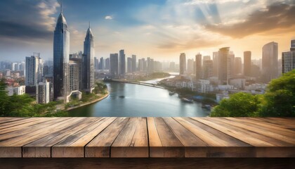 Obraz premium Empty wooden table with a blurred background of a modern cityscape, showing tall buildings and a river under a sky filled with clouds.