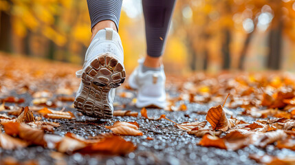 Woman running in the park covered with autumn leaves during her fitness workout