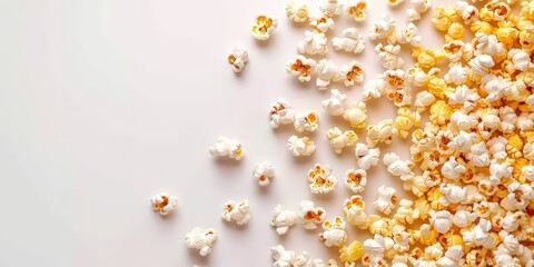 Delicious and crunchy popcorn scattered on a white surface